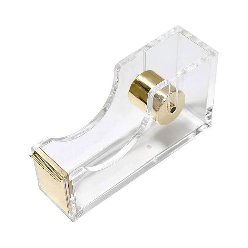 Multibey Clear Acrylic Gold 1 Inch Core Desktop Adhesive Tape Dispenser Cutter with Tape Office School Gift Idea (Gold) - Image 1